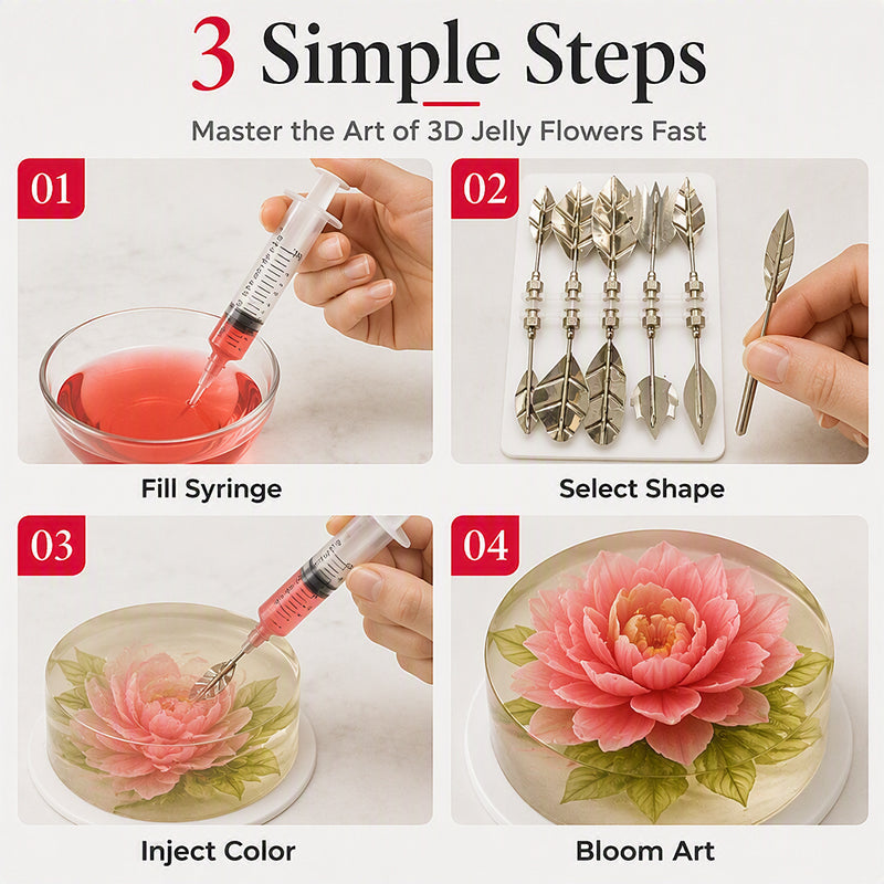 MAINTENANT! Kit d'art de gelée 3D professionnel©\ Outils d'art de gélatine florale 10 pièces en acier inoxydable 304©\ avec seringue, ensemble de décoration de gâteau de gelée de fleurs 3D DIY pour