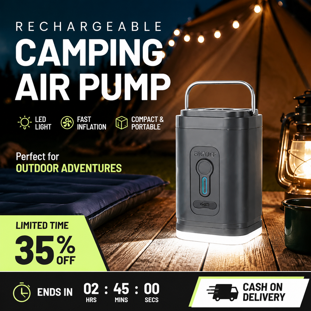 Pompe à air de camping rechargeable – Lumière LED, gonflage rapide, compacte