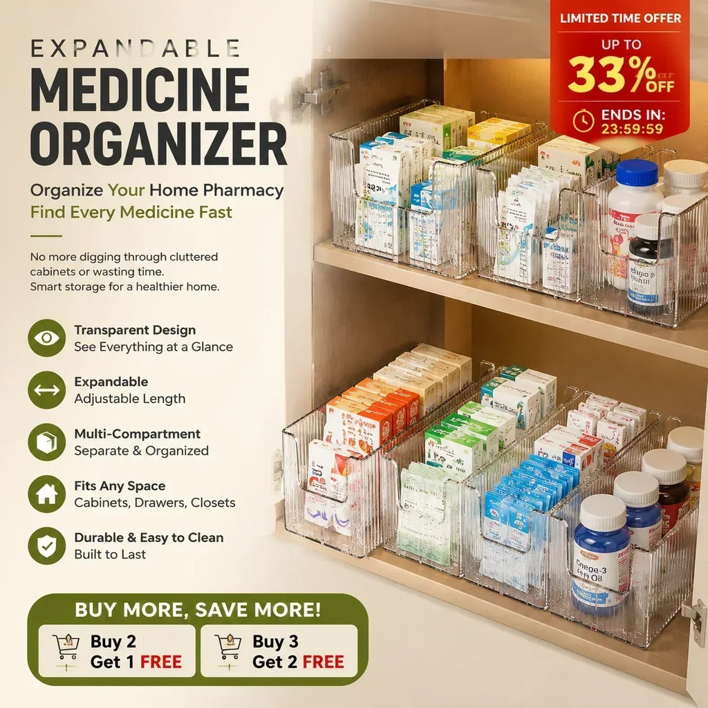 Organisateur de médicaments extensible transparent — extensible, parfait pour une armoire à pharmacie bien rangée