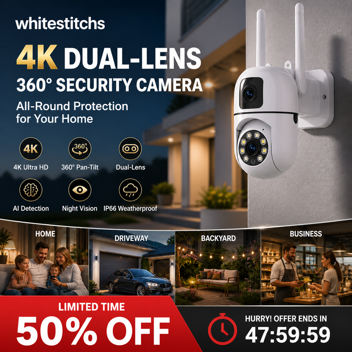 Caméra de sécurité WiFi extérieure à double objectif 4K Pan & Tilt 360°