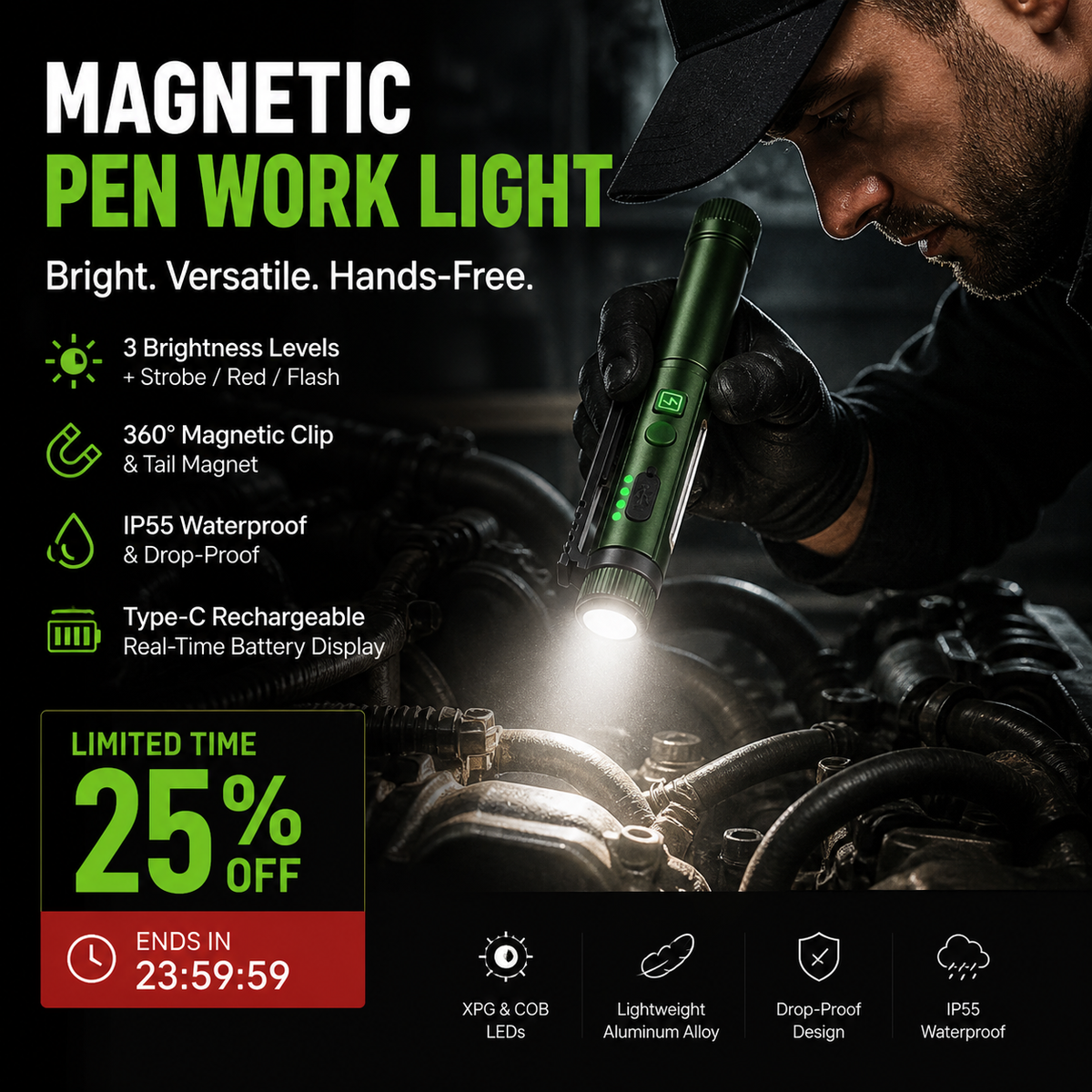 Outil indispensable ! Lampe de travail magnétique puissante multifonctionnelle en forme de stylo, lampe torche LED portable rotative, base magnétique pour un éclairage mains libres pour