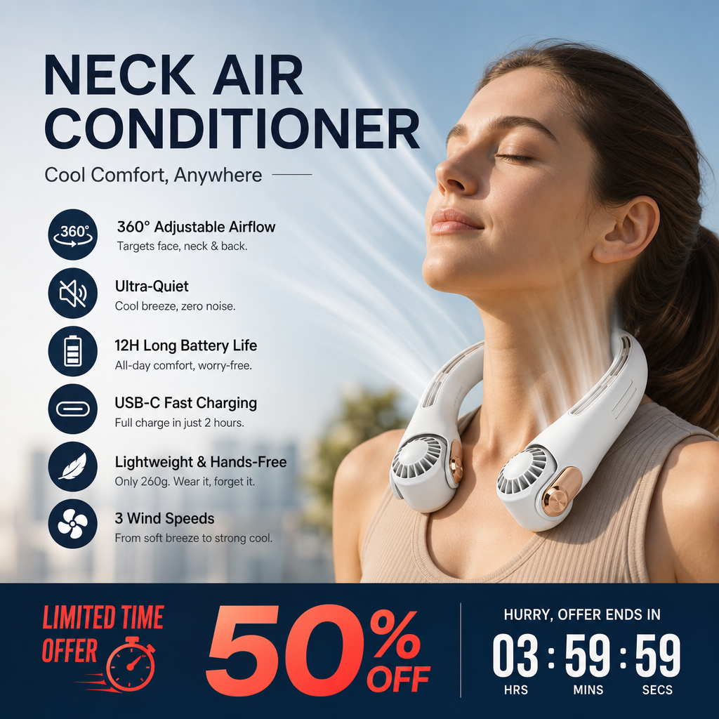 Ventilateur de cou portable – Ultra-silencieux, rotation à 360°, 3 vitesses. Refroidissement mains libres, longue autonomie de batterie. L'indispensable de l'été !
