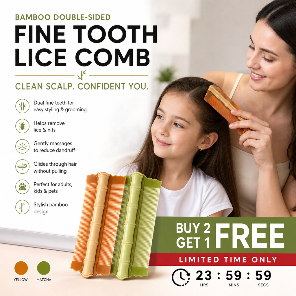 Peigne coiffant double-face en bambou à dents fines | Élimine les poux et les pellicules | Prise ergonomique | Pour tous types de cheveux | Pour adultes, enfants et animaux de compagnie